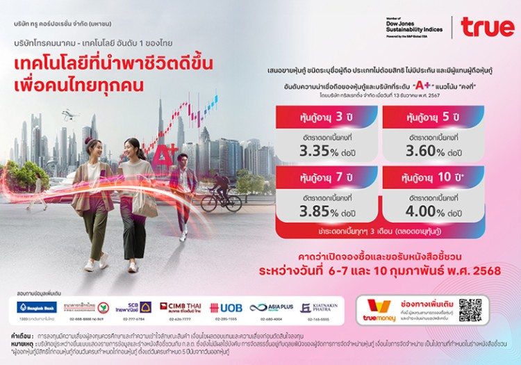 หุ้นกู้ “ทรู คอร์ปอเรชั่น” 4 ชุดใหม่ 3.35 – 4.00% เคาะดอกเบี้ย ตอบโจทย์นักลงทุนเสริมทรัพย์รับตรุษจีน