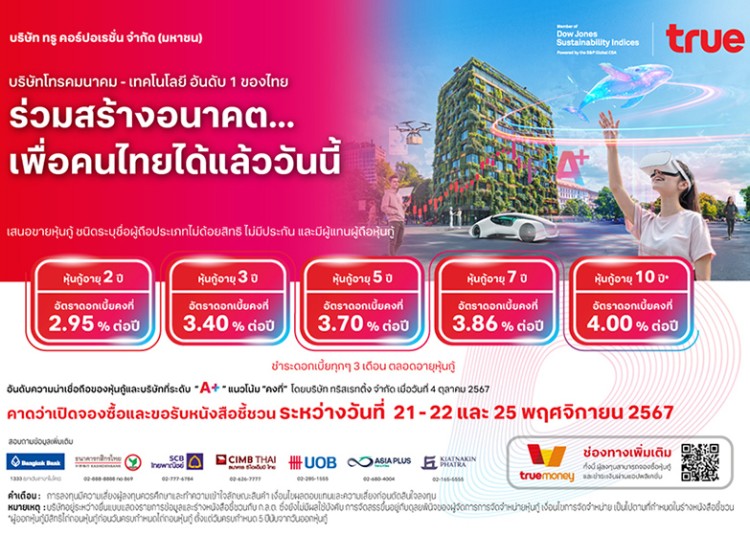 ได้เวลาจองแล้ว หุ้นกู้ ทรู คอร์ปอเรชั่น ใหม่ 5 ชุด  เคาะดอกเบี้ย 2.95-4.00% ต่อปี พร้อมเรทติ้ง “A+”